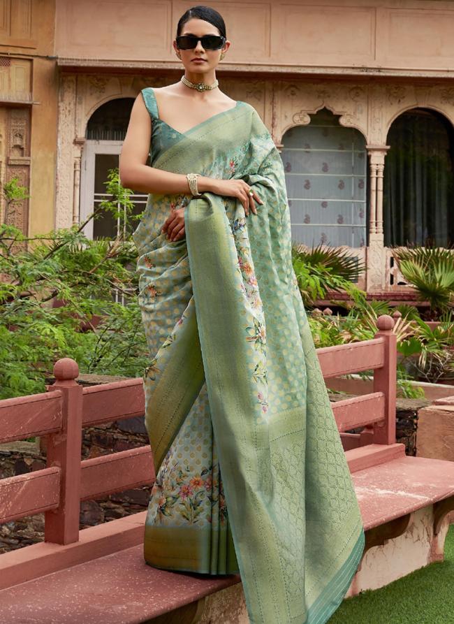 Tussar Silk Teal Ceremonial Wear Printed Saree